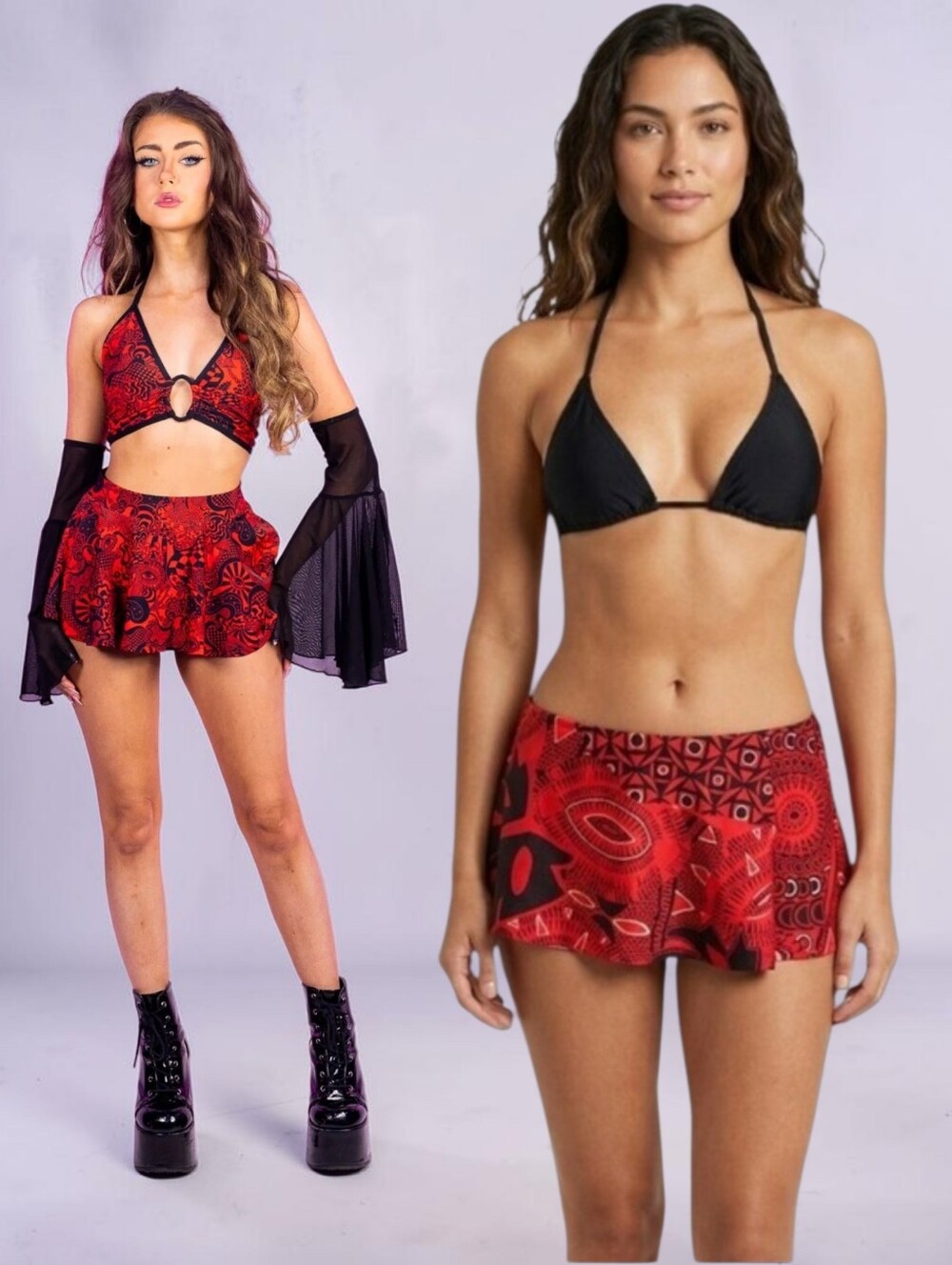 Tara Grinna Women's Crimsom Red Psychedelic Doodles Print Skirted Bikini Bottom